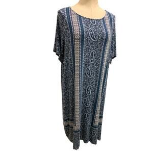 2X J.Jill Blue Tshirt Dress Short Sleeve Retro Print Soft Lightweight